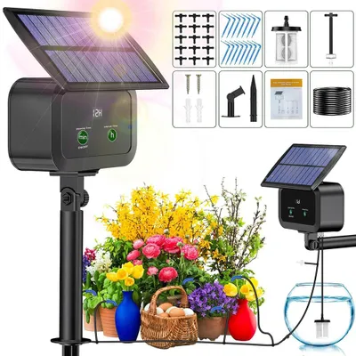 Produktbild von Solar Bewässerungssystem Automatisches Set mit Timer, Automatische BewäSserung, 15 Töpfe 15m Schlauch, für Garten, Balkon Pflanzen Bewässerungssystem