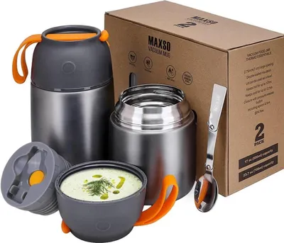 Obrázok produktu pre Termo nádoba 500 ml a 700 ml z nehrdzavejúcej ocele so súpravou lyžičiek sivá - hrnček na udržiavanie tepla na jedlo, detskú výživu, polievku, jogurt