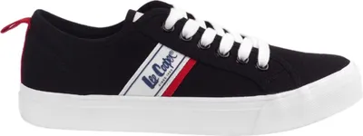 A single black Lee Cooper sneaker with white laces and a red pull tab on a white background.