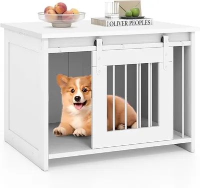 Produktbild von Hundekäfig Möbel, Hundebox für Zuhause, Hundehütte mit Schiebetür, Haustierkäfig aus Metall Holz, Beistelltisch modern, Indoor, für kleine & mittelgroße Hunde, 80 x 60 x 60 cm (Weiß)