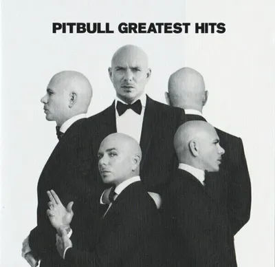 A black and white studio shot of Pitbull, with multiple versions of him appearing in the image, wearing tuxedos.