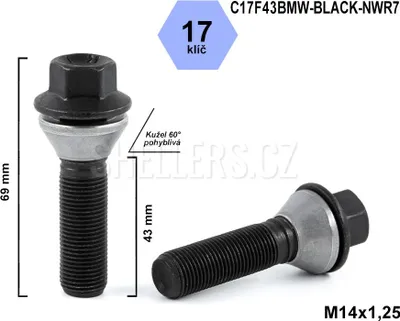 Obrázok produktu pre Skrutka kolesa M14x1,25x43 s kužeľom pohyblivá čierna, kľúč 17, C17F43BMW-BLACK-NWR7, výška 69 mm