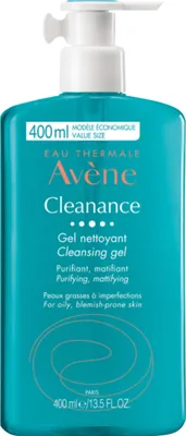 A teal colored bottle of Avene Cleanance Cleansing Gel with a white pump dispenser.