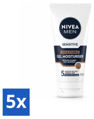 Imagen del producto de 5 unidades de gel facial NIVEA MEN Sensitive, para piel sensible y barba incipiente, de 50 ml cada uno. Paquete económico