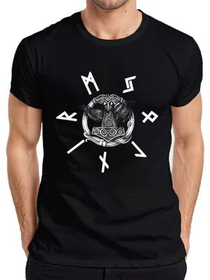 Produktbild von Wikinger Thorhammer Mjölnir Odin Raben nordische Runen Mythologie Herren T-Shirt, Schwarz, 3XL
