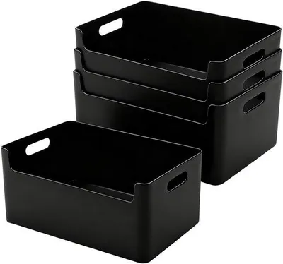 Immagine prodotto di Set di 6 cestini compatti bianchi Unyqoos®, dimensioni 30 x 11 x 9,5 cm, in plastica, con maniglie, impilabili – versatili per bagno, cucina e ufficio