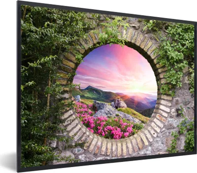 Produktbild von MuchoWow® Gerahmtes Poster Landschaft - Blumen - Aussicht - Berg 80x60 cm - Poster mit Schwarzem Bilderrahmen Wandposter Rahmen Foto Bilder - Schwarzem - Mit Gestell