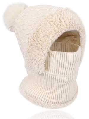 Produktbild von Strickmütze Damen 3 in 1 Thermo Winter Jacquard Bommelmütze Schal Fleecefutter Weiß