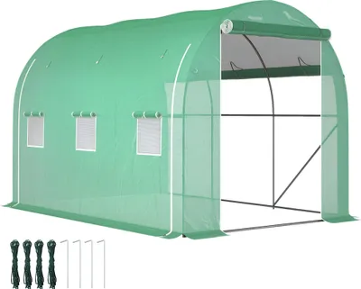 Image de Outsunny Serre de jardin 6 m² 3 x 2 m avec 1 porte + 2 parois latérales zippées enroulables, 6 fenêtres, acier galvanisé PE haute densité 140 g/m² Anti-UV vert