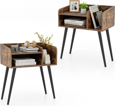 Image de Table de chevet avec étagère ouverte, pieds en métal, lot de 2, marron rustique