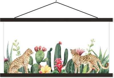 Produktbild von MuchoWow® Textilposter Leopard - Pflanzen - Aquarell - Mädchen - Kinder - Jungen - Kinder 60x30 cm mit schwarzem Rahmen - Textilien