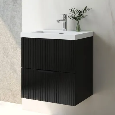 Produktbild von Waschtisch mit Unterschrank 50cm RIVA Badmöbel Set Hochglanz Schwarz Rechteckiges Waschbecken mit Unterschrank Softclose