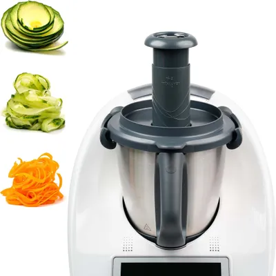A kitchen appliance with spiralized vegetables shown on the side.