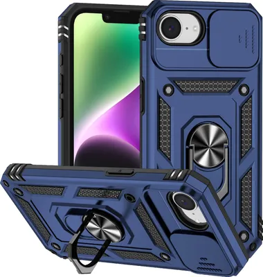 Image de Étui pour iPhone 16e/iPhone 17e étui double couche avec cache coulissant pour caméra et support annulaire bleu