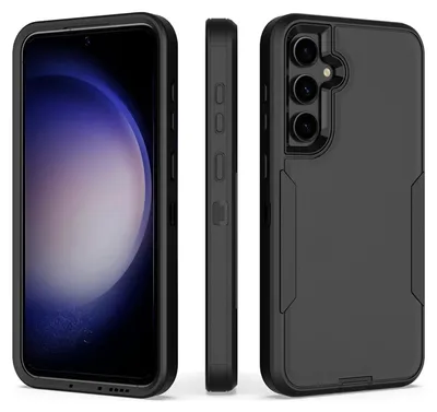 A product shot of a black phone case shown from multiple angles.