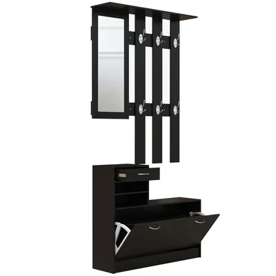 Image de HOMCOM Ensembles 3 en 1 de meuble d'entrée vestiaire avec panneau porte-manteau, miroir et banc à chaussures - 6 crochets et étagère réglable, noir