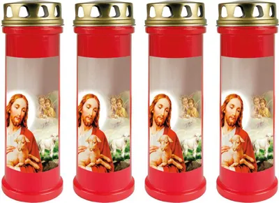 Grabkerze Rot 4er Pack, Brenndauer: 100 Stunden ( je Kerze ), Motiv: Jesus mit Lamm