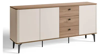 Productafbeelding van Kommode MOCHA, 180 cm, in de kleur kasjmier-koningsnoot, met 3 deuren, 3 lades, zwarte handgrepen en metalen poten