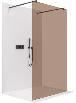 Zdjęcie produktu dla CERANO – Kabina prysznicowa Walk-in Onyx Duo L/P – 8 mm – okrągła podpórka – matowa czerń, szkło w kolorze brązu – 140 x 200 cm
