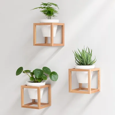 Productafbeelding van Hangende bloempotten in massief houten frames - Plantenhouder set van keramiek en hout voor muren - Tafels en meer