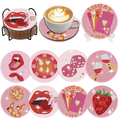 Immagine prodotto di Set di sottobicchieri con decorazione a mosaico di diamanti, motivo "labbra rosse", 8 pezzi, diametro 10 cm, con supporto