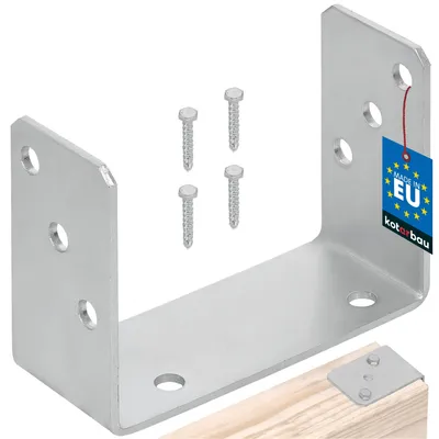 A U-shaped metal bracket and screws are shown against a white background, with a small portion of a wooden beam visible at the bottom right.