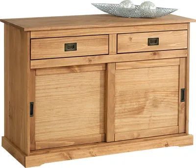 Produktbild von Kommode SAVONA, Sideboard mit 2 Türen 2 Schubladen, Kiefer massiv, Oberfläche braun lackiert, Buffetschrank, Geschirrschrank, Massivholz