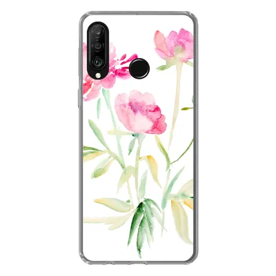 Produktbild von MuchoWow® Handyhülle Schutzhülle Hülle für Huawei P30 Lite Blumen - Aquarell - Rosa Silikon Softcase Handy Hülle - Handyhülle
