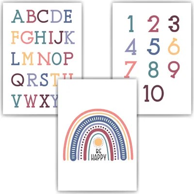 Produktbild von Alphabet Zahlen Kinderposter 3er Set Lernposter ABC | Kinderzimmer Wandbilder Einschulung Kindergarten Grundschule Lernhilfe für Kinder – DIN A3 (29.7x42cm)