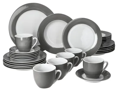 Produktbild von 30tlg Kombiservice Variant Grau Porzellan 6 Personen Tassen Untertassen Teller