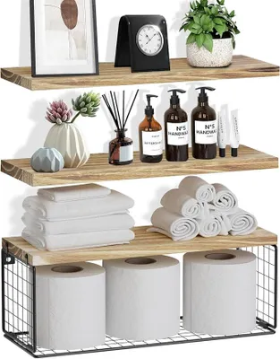 Produktbild von PolkaHome® Schwebende Wandregale mit Korb – Rustikale Holzregale für Bad, Küche, Wohnzimmer – 40 cm