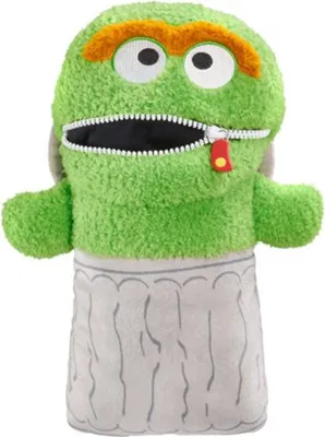 A plush toy puppet of Oscar the Grouch from Sesame Street, designed to look like he is emerging from a trash can.
