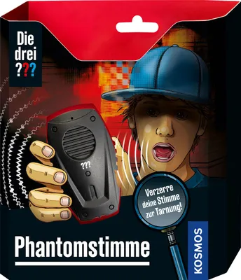 The image shows the packaging of a children's mystery game called "Phantomstimme" (Phantom Voice) from the "Die drei ?? ?" series. It features an illustration of a boy wearing a blue cap, looking surprised, and holding a voice-altering device. Sound waves