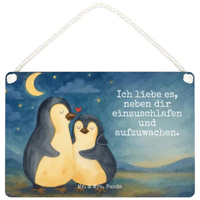 Produktbild von Mr. & Mrs. Panda Schild Pinguine Einschlafen Design DIN A4 - Weiß - Geschenk, für Männer, Frauen, holzbild, wandtafel, Deko Wandbild, Holzschild, Hochzeitstag, Freundin