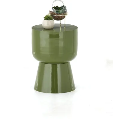 A green metal side table with decorative plants on top, isolated on a white background.