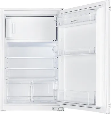 An open white refrigerator with clear shelves and drawers.
