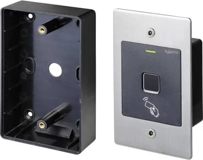 A fingerprint and RFID access control system, shown with its mounting box.