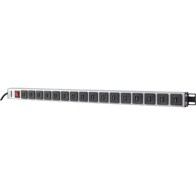 Produktbild von Intellinet Steckdosenleiste mit 16 USB-Ladeports, vertikale Rackmontage, Netzschalter, max. 2,1 A Ausgangsleistung pro Modul, 2 m Stromkabel mit Schutzkontaktstecker (CEE 7/7), Senkrecht, Aluminium, Schwarz, Grau, 2 m, 240 V, 16 A