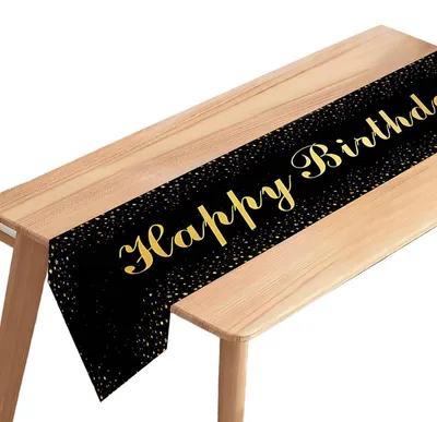 Immagine prodotto di Tovaglia decorativa per compleanno, colore nero e oro, dimensioni 180x35 cm, realizzata in poliestere