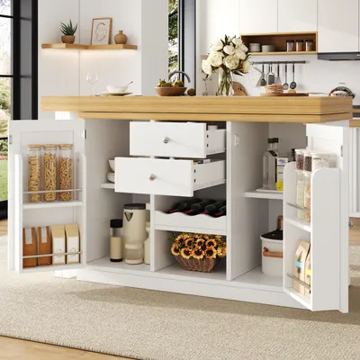 Produktbild von okwish Kücheninsel mit Weinregal und Snackablage, Kücheninsel-Esstisch mit 360°-Drehfunktion, Küchenschrank mit magnetische Türen,Weiß