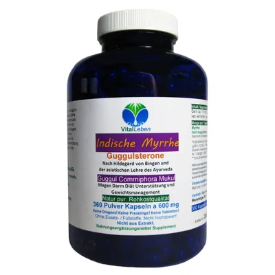 Zdjęcie produktu dla Guggul Indian Myrrh Ayurveda Guggulsterone 360 kapsułek w proszku, bez dodatków, bez wypełniaczy.