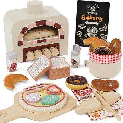 Produktbild von Holz-Spielzeuglebensmittel-Set mit Pizza und Backzubehör, Kinderküche für Mädchen