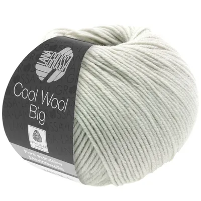 A ball of light gray yarn with a black label.