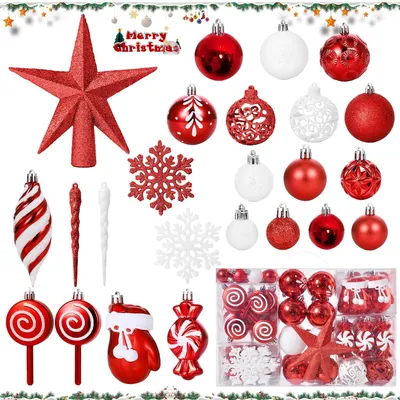 130 Kunststoff-Weihnachtskugeln, rot, mit Hängern, Glitzer, Set