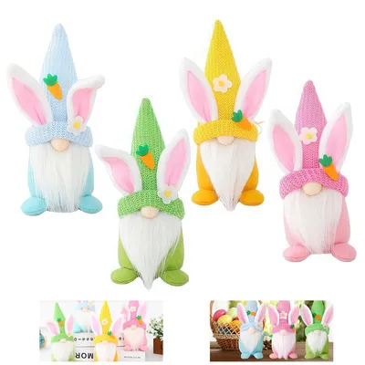 Produktbild von Oster Deko Gnome Hasen Figuren 4er Set, Stoff Zwergen Deko für Frühling, Tisch, Regal und Zuhause