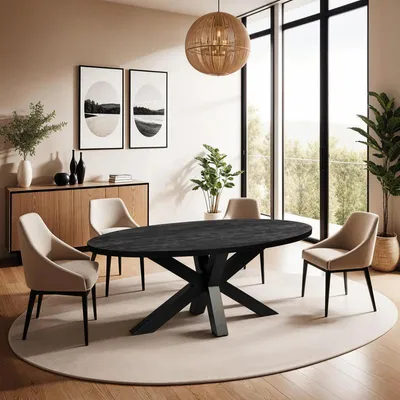 Image de Zita Home Table de salle à manger, ovale, 260 cm, bois de manguier, noir, piétement épais, scandinave, design moderne