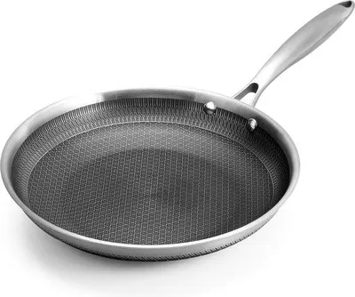 Productafbeelding van Roestvrijstalen braadpan met honingraatstructuur, 24 cm. Anti-aanbaklaag, handgreep van roestvrij staal. Kan worden gebruikt op een inductiekookplaat, is geschikt voor de vaatwasser en oven, en koelt snel af