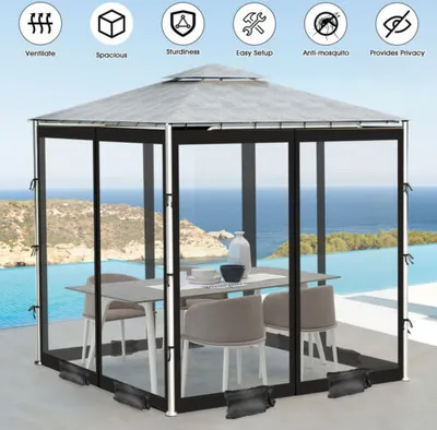 Obrázek produktu pro Pavilon Mosquito Net Outdoor, 4-dílná síť proti komárům Parasol Mesh Mosquito Net se zipem pro pavilon Balcony Dodává se s přepravní taškou s taškou na závaží, černá, 3,6 m x 3,6 m