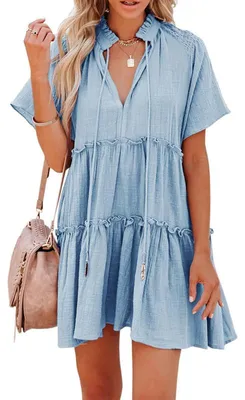 Produktbild von Damenkleid mit V-Ausschnitt und Kordelzug – kurzärmeliges Babydoll-Kleid mit Rüschen