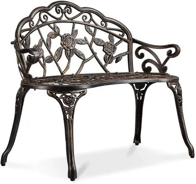Produktbild von Gartenbank mit Rosenmuster, 2-Sitzer, für Garten, Park, Terrasse, 99,5 x 57 x 78,5 cm, Bronze, Metall